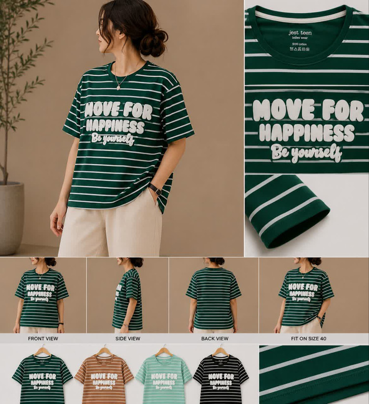 تیشرت باکسی دخترانه طرحدار «Move for Happiness» | جنس ۱۰۰٪ پنبه
